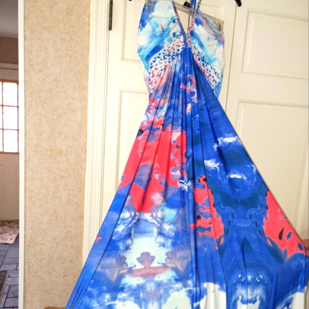 Vibrant Blue and Red Maxi Dress.Dize XL .open Back - Picture 3 of 6